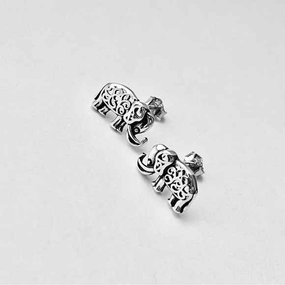 Sterling Silver Filigree Elephant Earrings, Animal Earring, Silver Stud Earring - Picture 3 of 12
